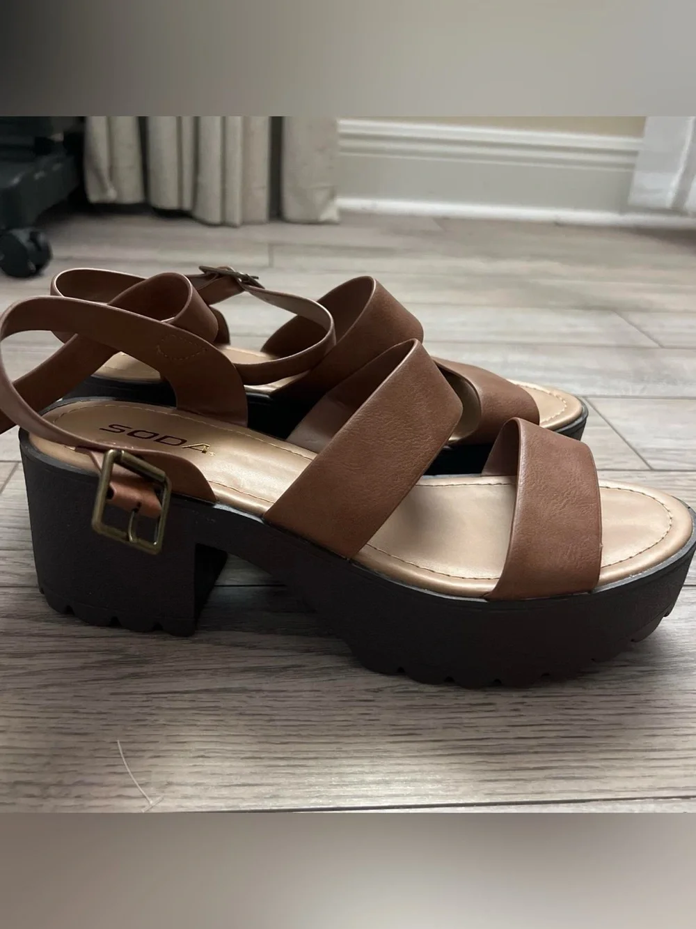SODA Brown Strappy Platform Sandals with Buckle